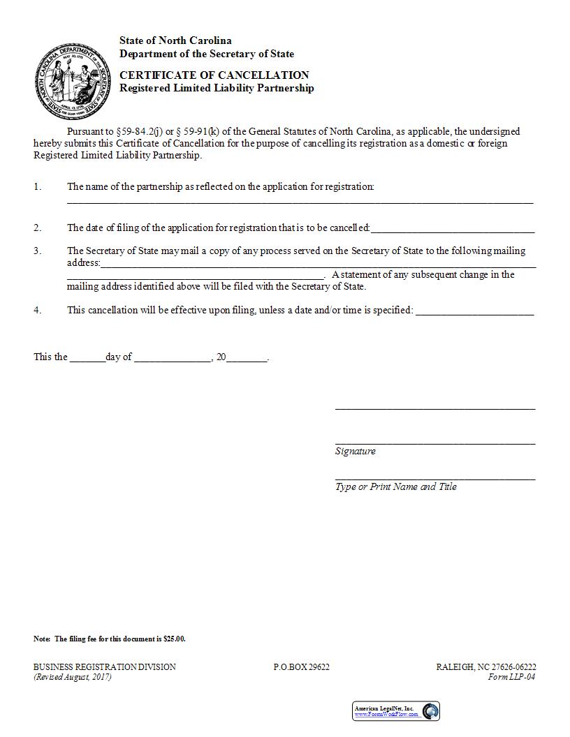 Certificate Of Cancellation {LLP-04} | Pdf Fpdf Docx | North Carolina