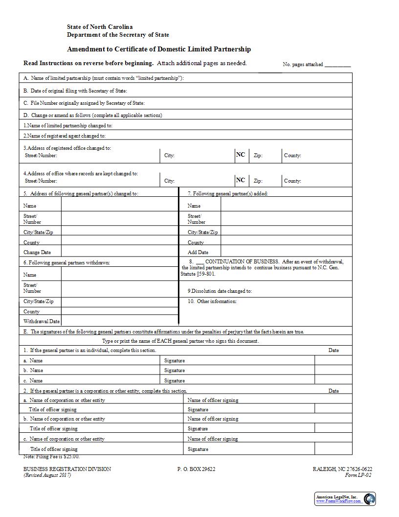 Amendment To Certificate Of Domestic Limited Partnership {LP-02} | Pdf Fpdf Docx | North Carolina