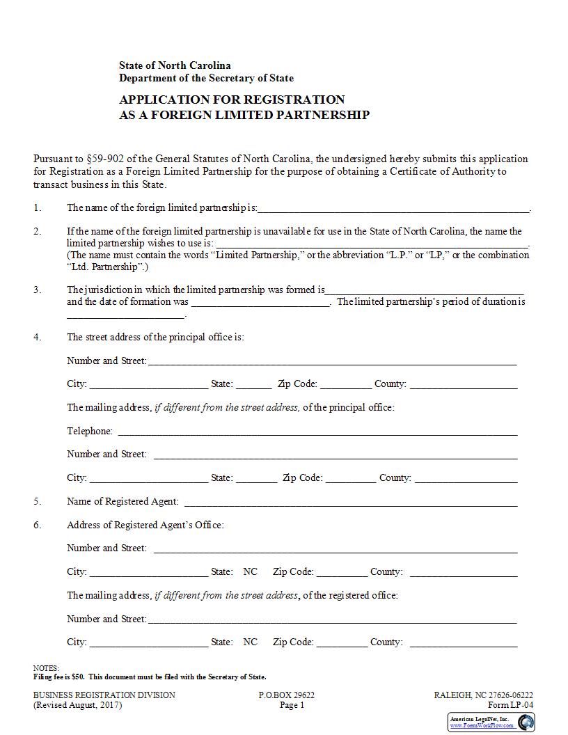 Application For Registration As A Foreign Limited Partnership {LP-04} | Pdf Fpdf Docx | North Carolina