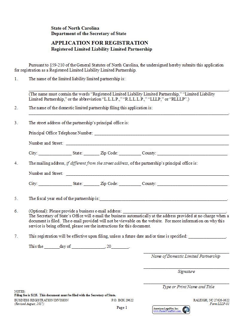 Application For Registration Registered Limited Liability Limited Partnership {LLLP-01} | Pdf Fpdf Docx | North Carolina