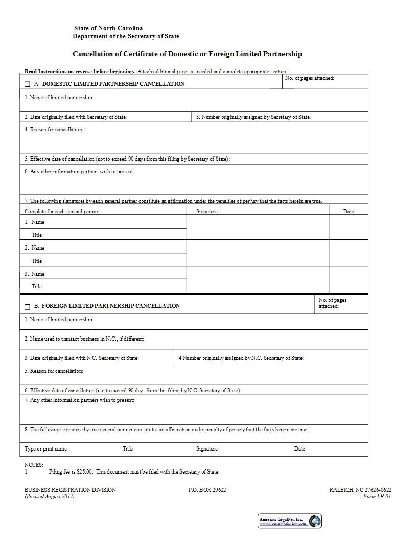 Cancellation Of Certificate Of Domestic Or Foreign Limited Partnership {LP-03} | Pdf Fpdf Docx | North Carolina