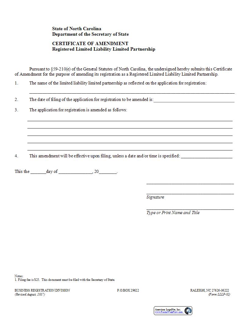Certificate Of Amendment Registered Limited Liability Limited Partnership {LLLP-02} | Pdf Fpdf Docx | North Carolina