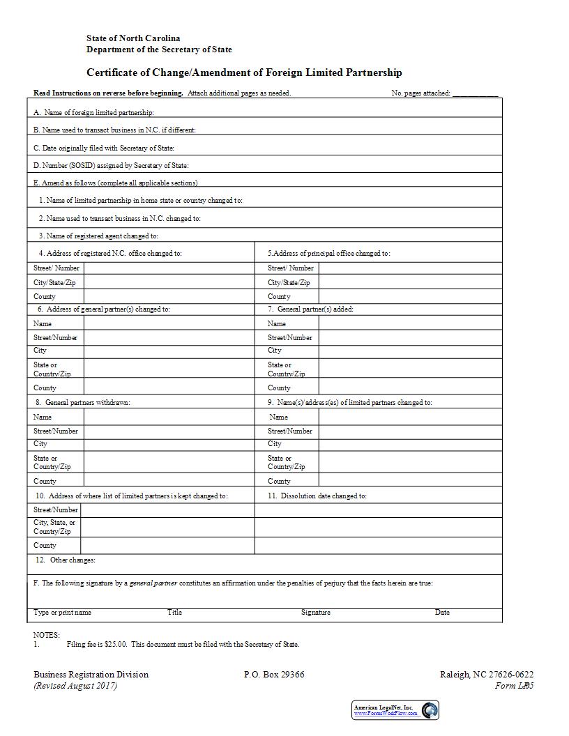 Certificate Of Change Amendment Of Foreign Limited Partnership {LP-05} | Pdf Fpdf Docx | North Carolina