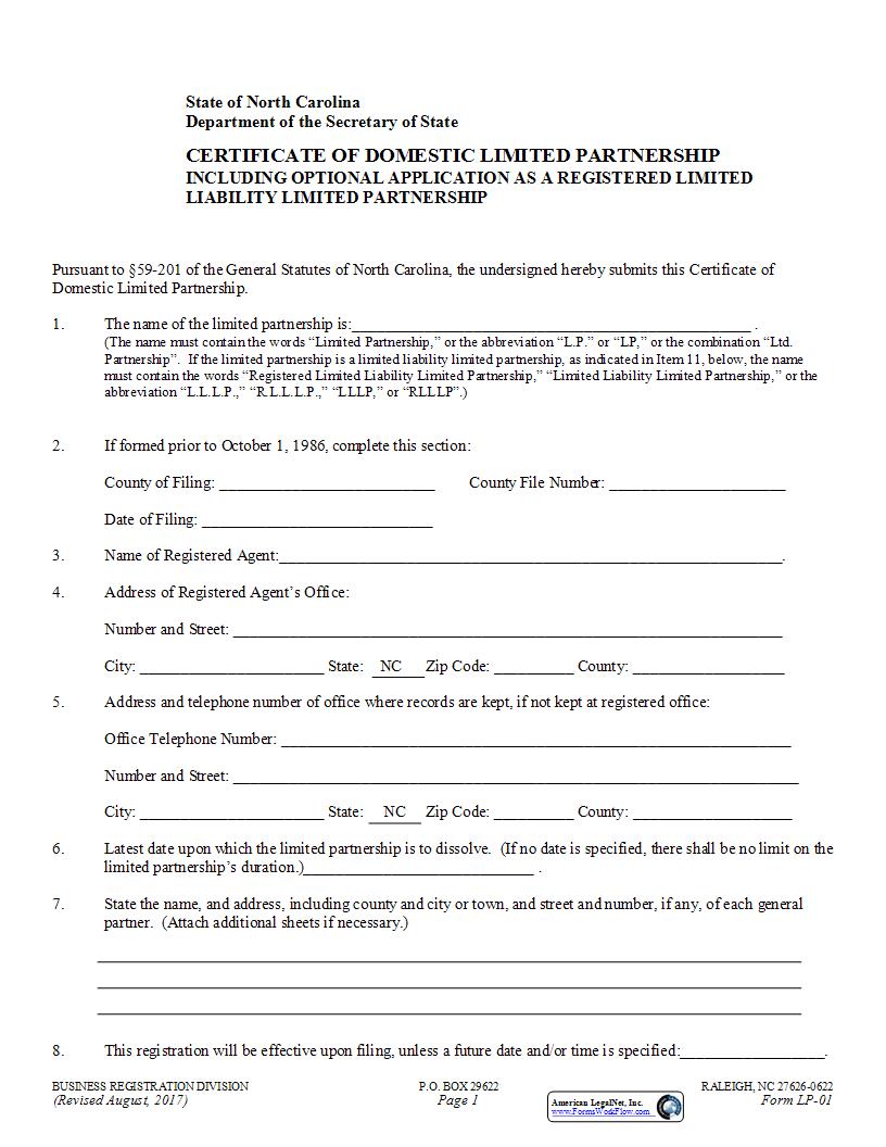 Certificate Of Domestic Limited Partnership {LP-01} | Pdf Fpdf Docx | North Carolina