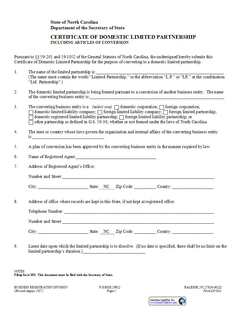 Certificate Of Domestic Limited Partnership Including Articles Of Conversion {LP-01A} | Pdf Fpdf Docx | North Carolina