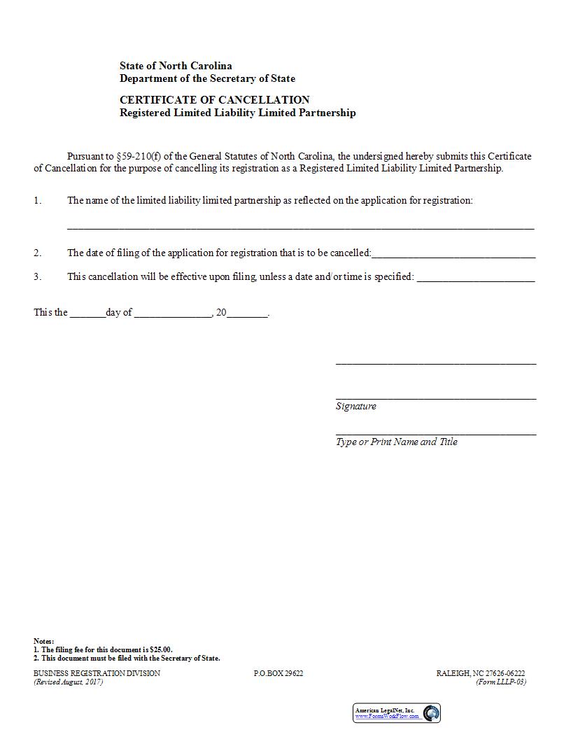 Certification Of Cancellation {LLLP-03} | Pdf Fpdf Docx | North Carolina