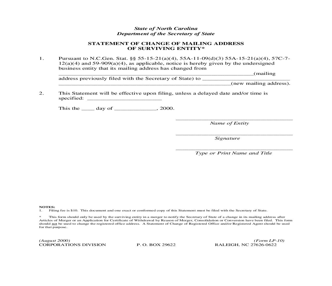 Statement Of Change Of Mailing Address Of Surviving Entity {LP-10} |  | North Carolina
