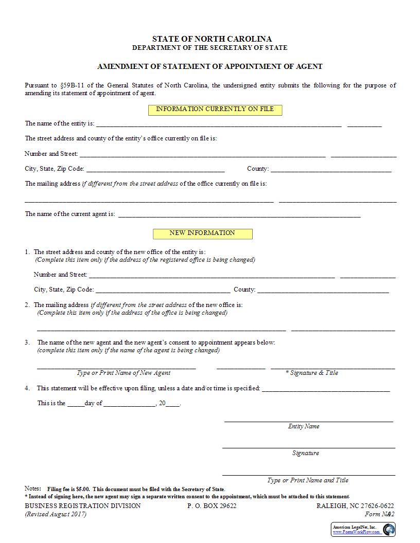 Amendment Of Statement Of Appointment Of Agent {NA-02} | Pdf Fpdf Docx | North Carolina