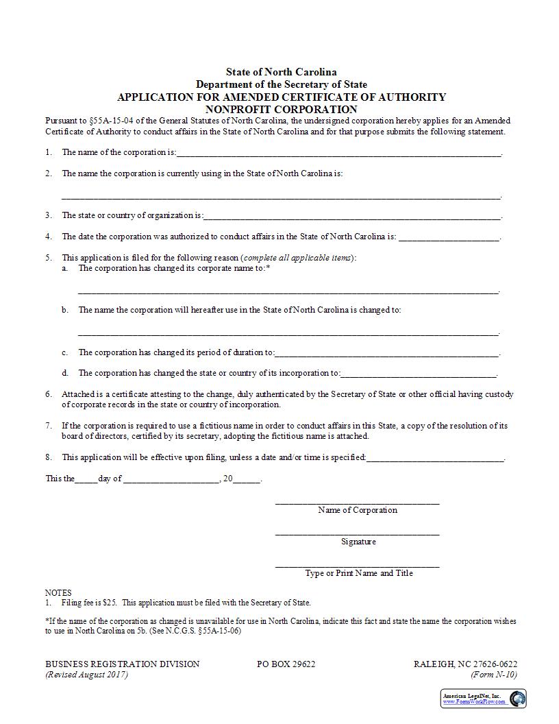 Application For Amended Certificate Of Authority {N-10} | Pdf Fpdf Docx | North Carolina