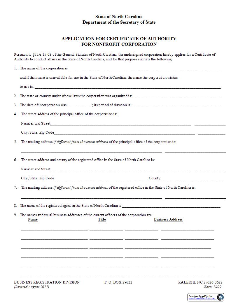 Application For Certificate Of Authority {N-09} | Pdf Fpdf Docx | North Carolina