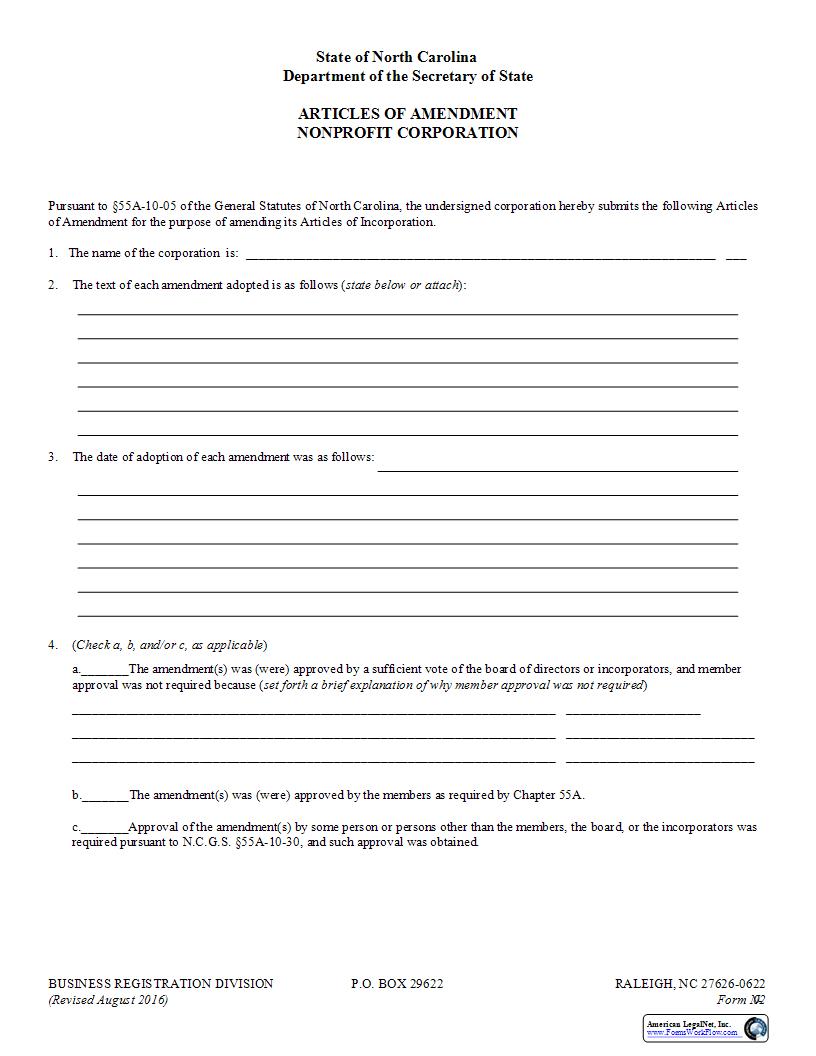Articles Of Amendment {N-02} | Pdf Fpdf Docx | North Carolina