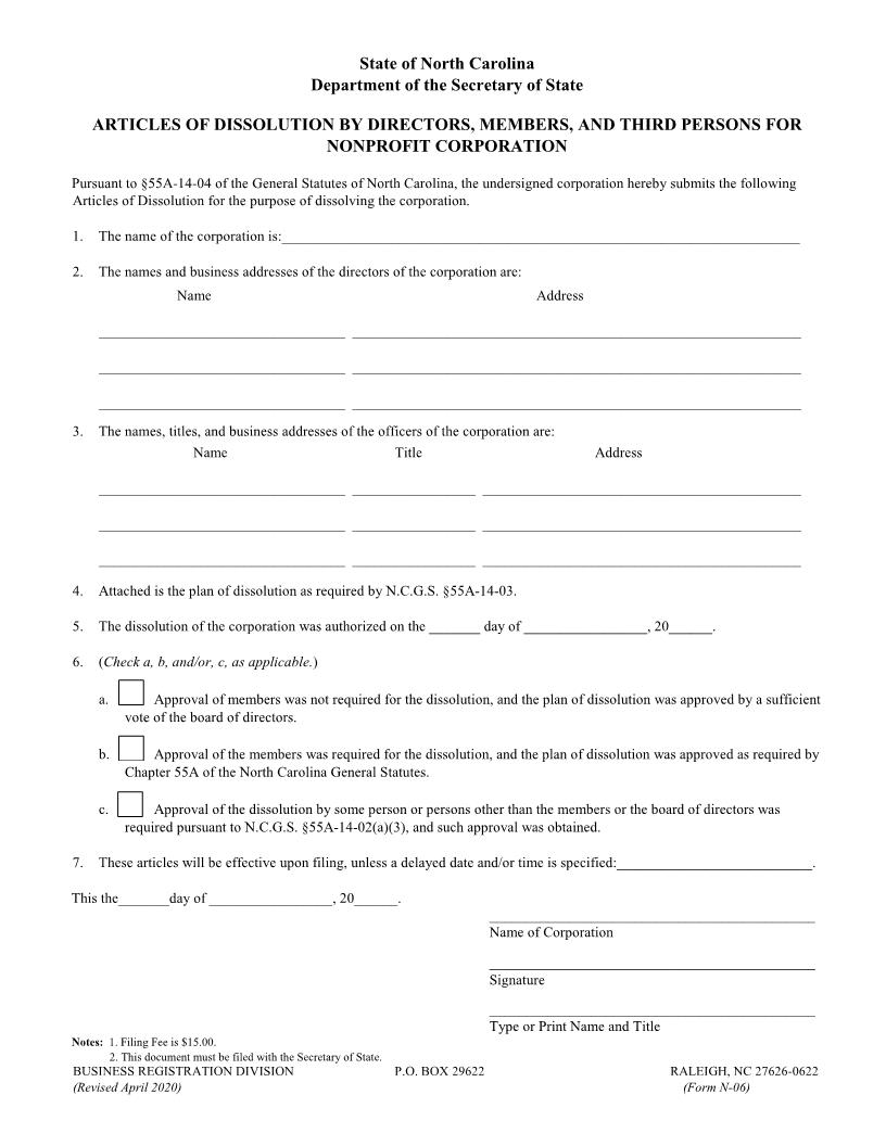 Articles Of Dissolution By Directors Members And Third Persons For Nonprofit Corporation {N-06} | Pdf Fpdf Docx | North Carolina
