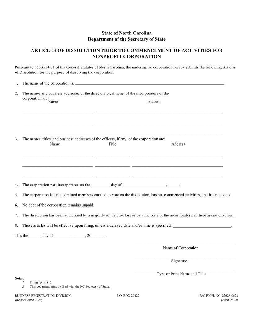 Articles Of Dissolution Prior To Commencement Of Activities {N-05} | Pdf Fpdf Docx | North Carolina