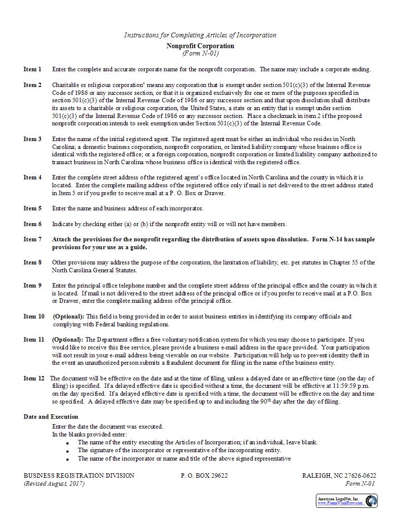 Articles Of Incorporation {N-01} | Pdf Fpdf Docx | North Carolina