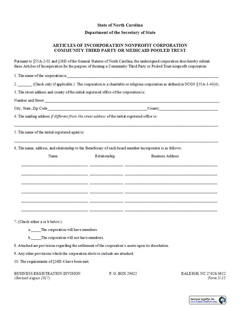 Articles Of Incorporation Nonprofit Corporation Community Third Party Or Medicaid Pooled Trust {N-15} | Pdf Fpdf Docx | North Carolina
