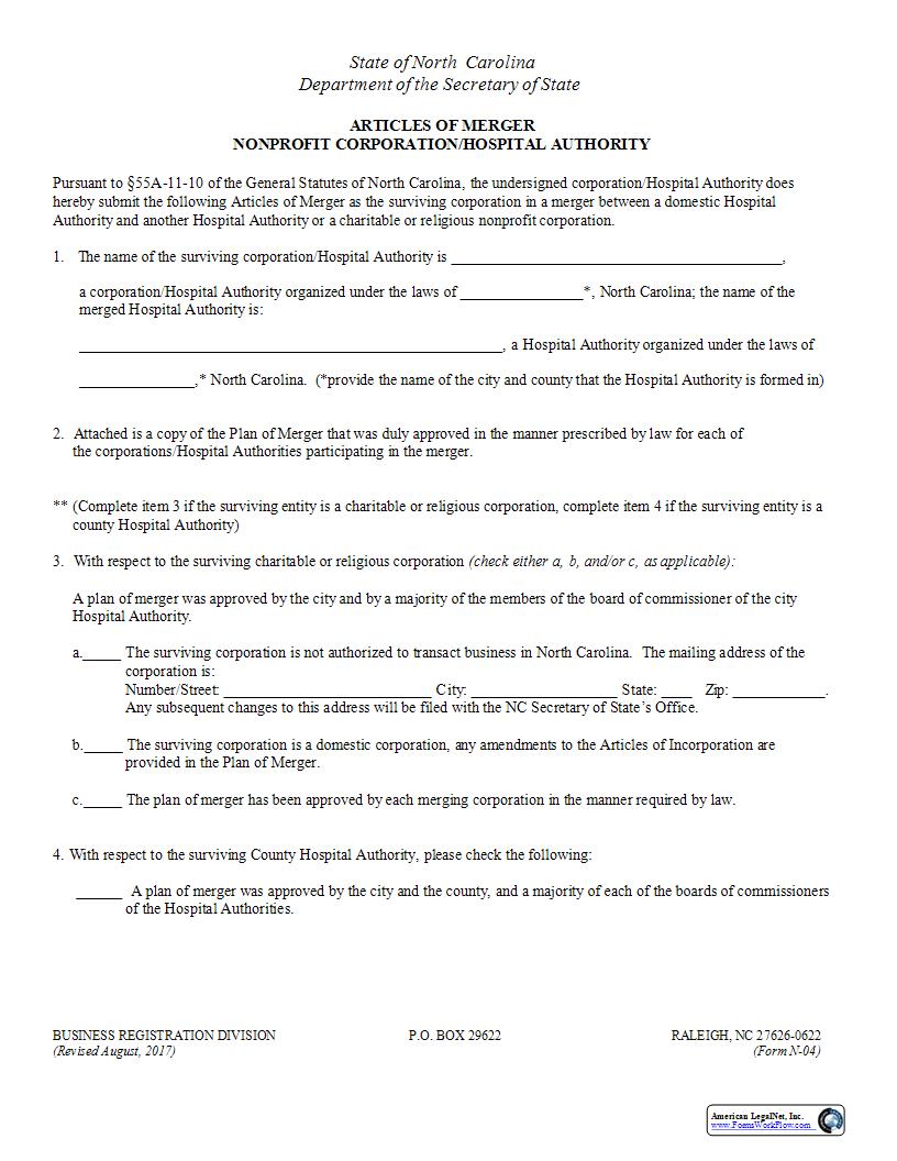Articles Of Merger Nonprofit Corporation Hospital Authority {N-04} | Pdf Fpdf Docx | North Carolina