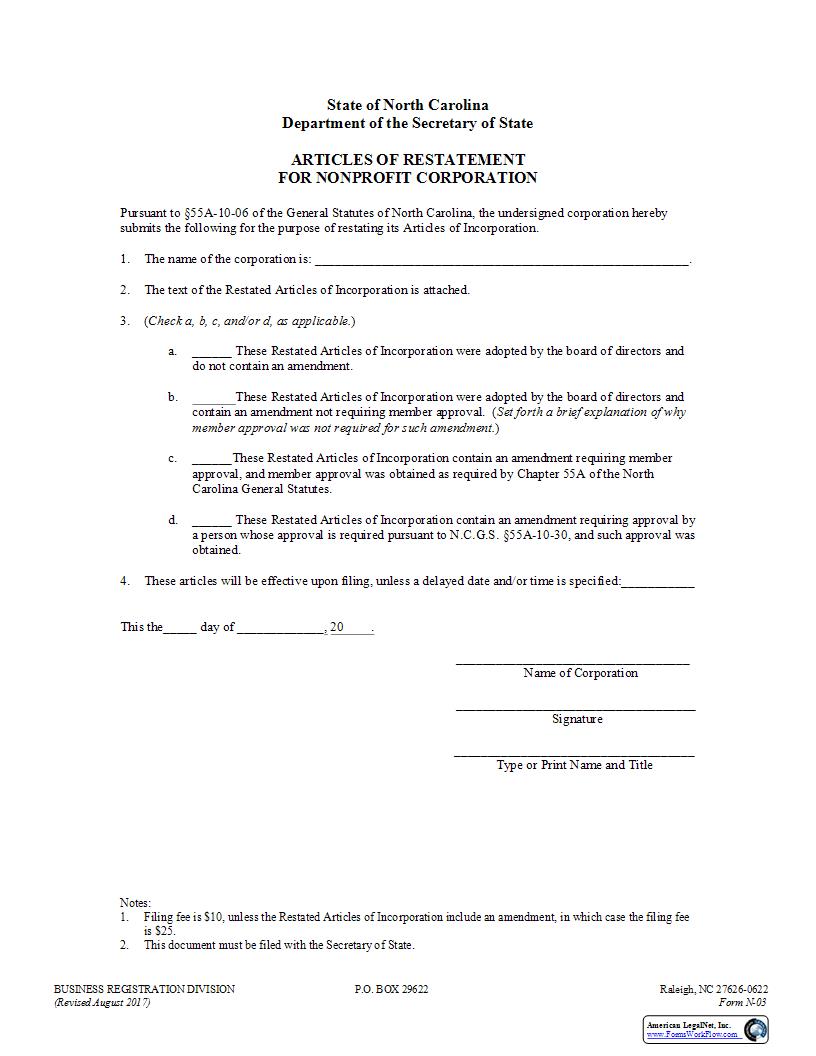 Articles Of Restatement {N-03} | Pdf Fpdf Docx | North Carolina