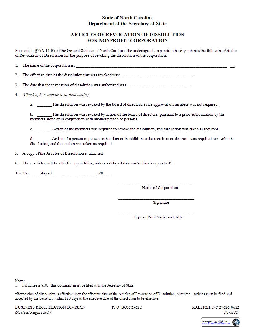 Articles Of Revocation Of Dissolution {N-07} | Pdf Fpdf Docx | North Carolina