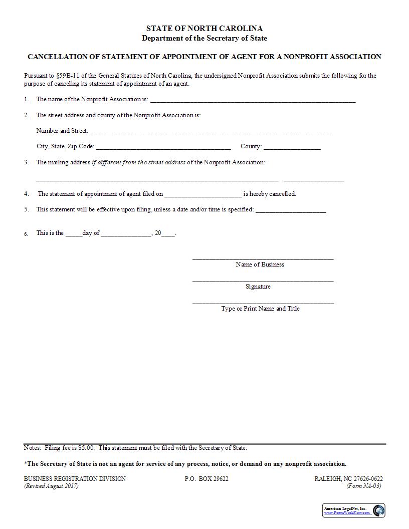 Cancellation Of Statement Of Appointment Of Agent {NA-03} | Pdf Fpdf Docx | North Carolina