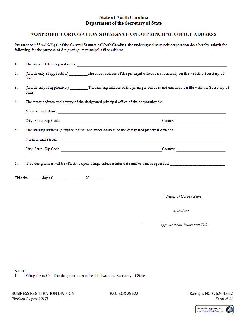 Nonprofit Corporations Designation Of Principal Office Address {N-11} | Pdf Fpdf Docx | North Carolina