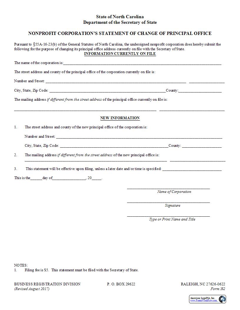 Nonprofit Corporations Statement Of Change Of Principal Office {N-12} | Pdf Fpdf Docx | North Carolina