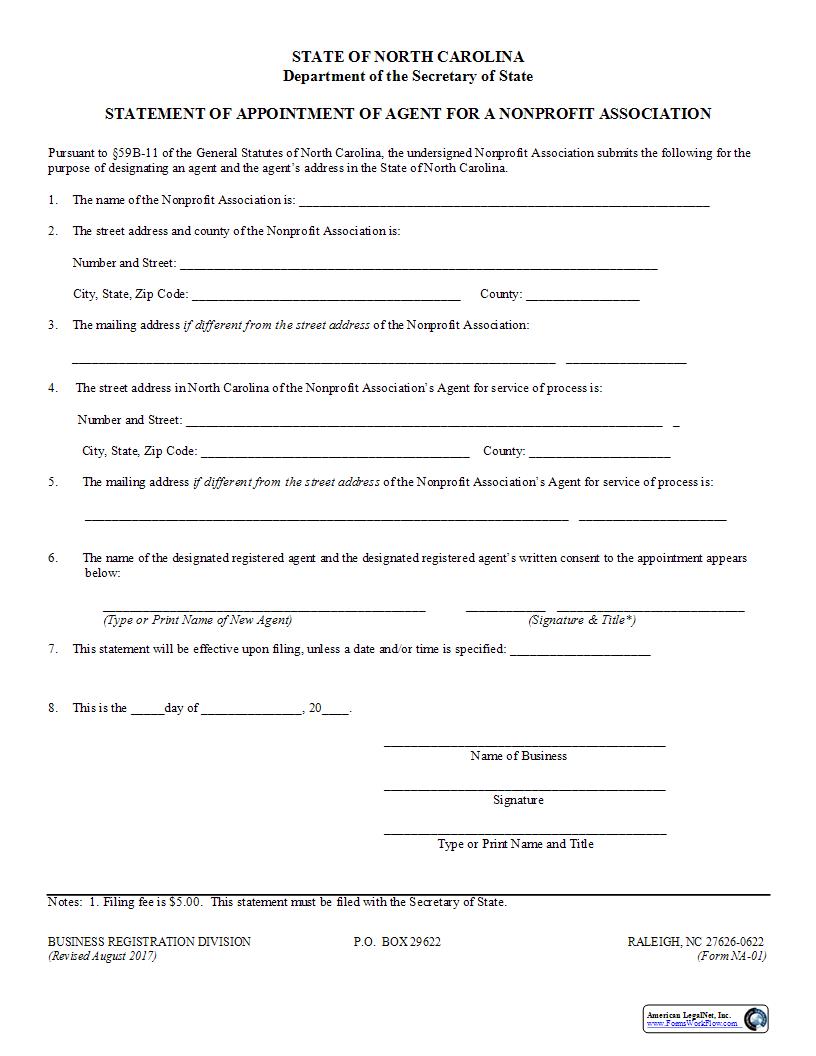 Statement Of Appointment Of Agent For A Nonprofit Association {NA-01} | Pdf Fpdf Docx | North Carolina