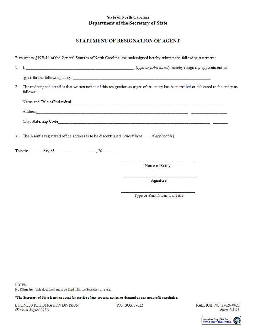 Statement Of Resignation Of Agent {NA-04} | Pdf Fpdf Docx | North Carolina