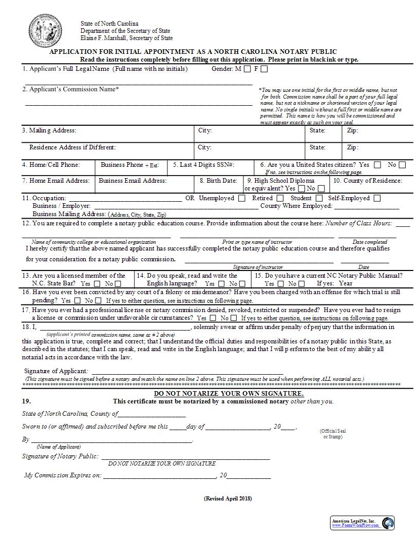 Application For Initial Appointment As A North Carolina Notary Public | Pdf Fpdf Docx | North Carolina