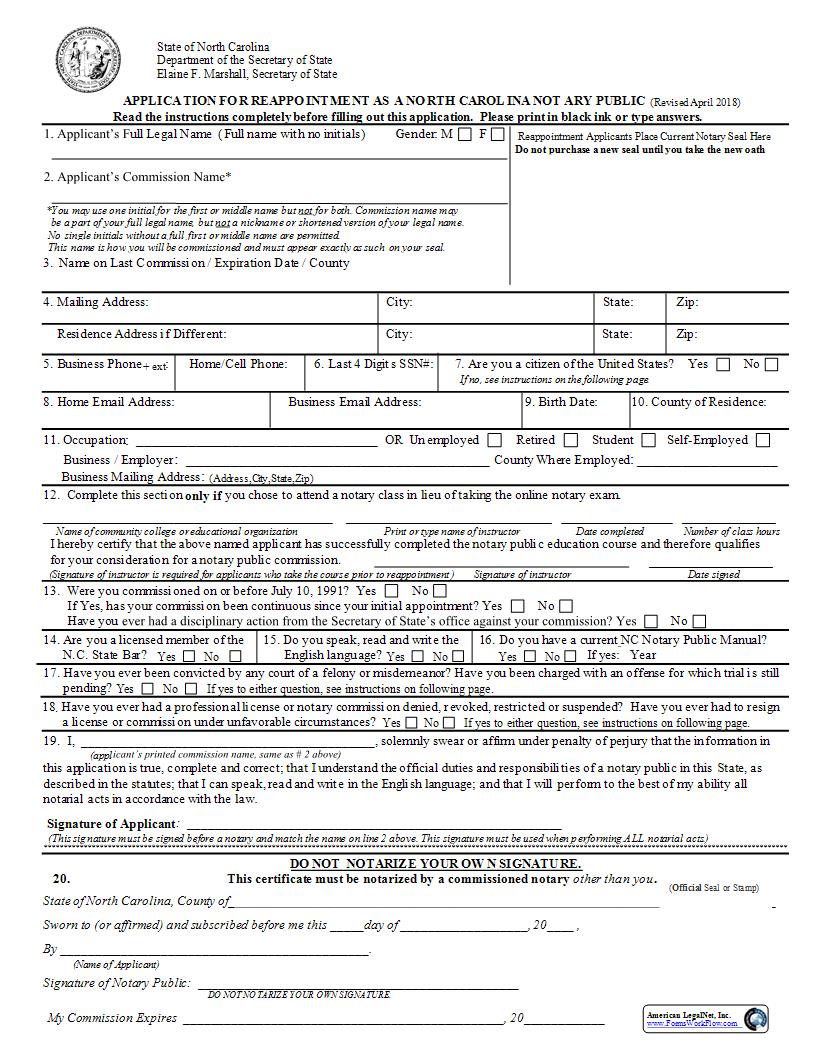 Application For Reappointment As A North Carolina Notary Public | Pdf Fpdf Docx | North Carolina
