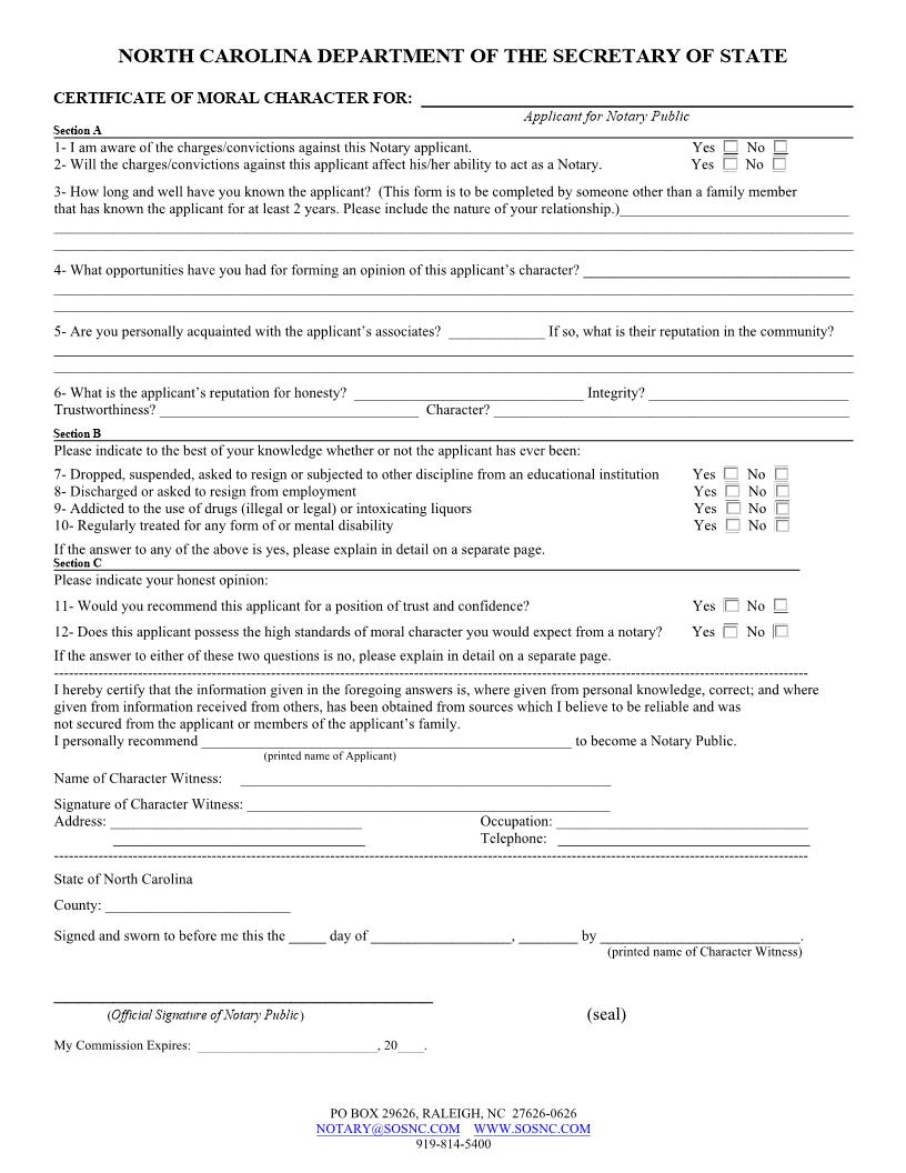 Certificate Of Moral Character | Pdf Fpdf Docx | North Carolina