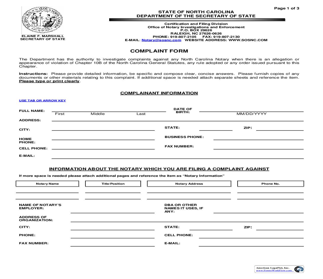 Complaint Form |  | North Carolina