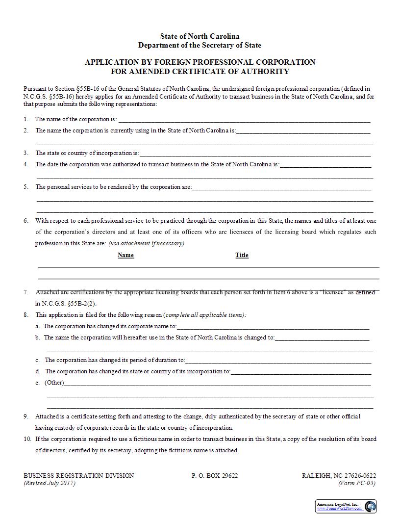 Application By Foreign Professional Corporation For Amended Certificate Of Authority {PC-03} | Pdf Fpdf Docx | North Carolina