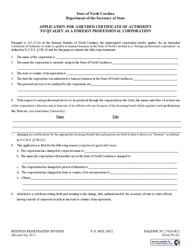 Application For Amended Certificate Of Authority To Qualify As A Foreign Professional Corporation {PC-02} | Pdf Fpdf Docx | North Carolina