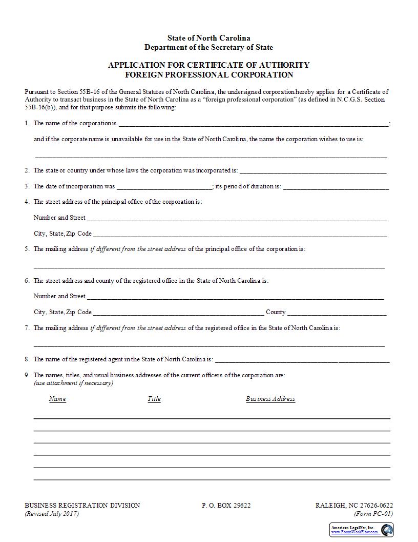 Application For Certificate Of Authority Foreign Professional Corporation {PC-01} | Pdf Fpdf Docx | North Carolina