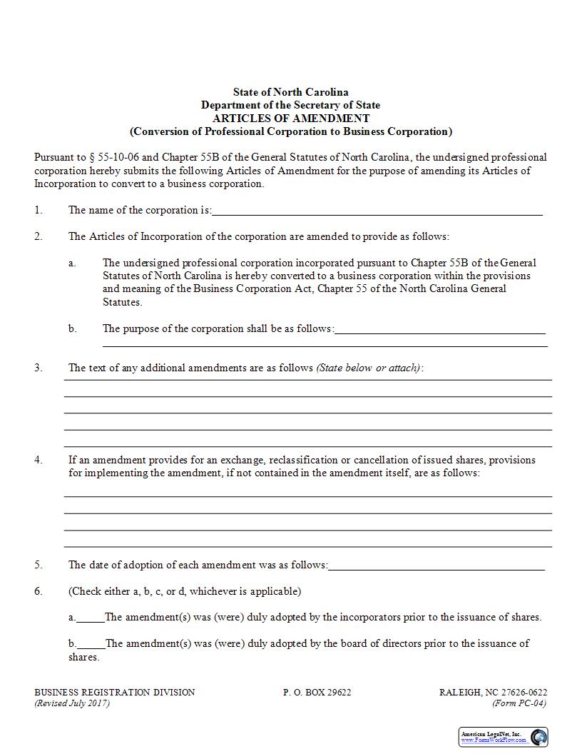 Articles Of Amendment Conversion Of Professional Corporation To Business Corporation {PC-04} | Pdf Fpdf Docx | North Carolina