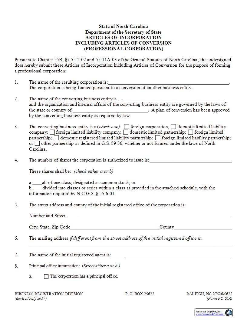 Articles Of Incorporation Including Articles Of Conversion {PC-05A} | Pdf Fpdf Docx | North Carolina