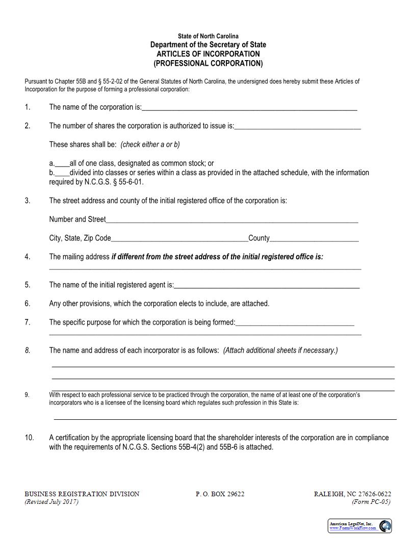 Articles Of Incorporation Professional Corporation {PC-05} | Pdf Fpdf Docx | North Carolina