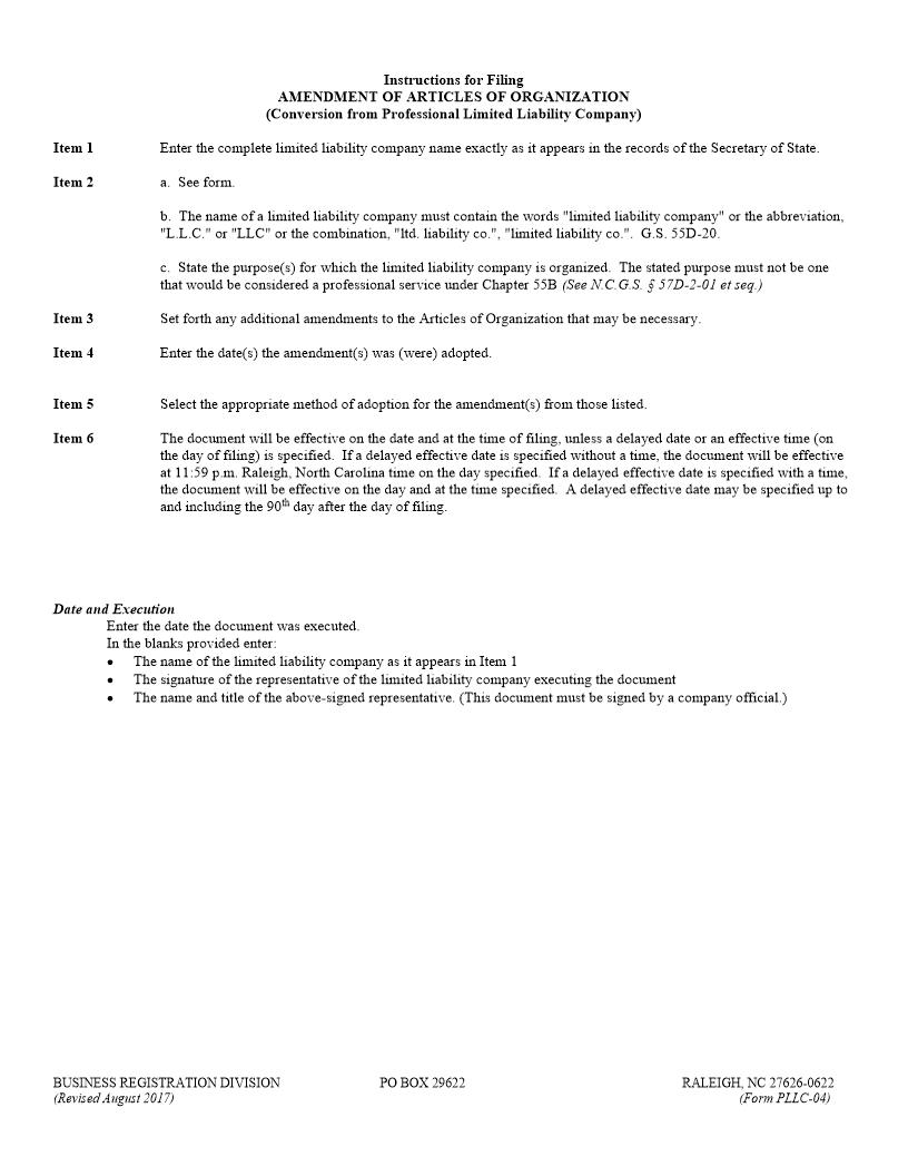 Amendment Of Articles Of Organization {PLLC-04} | Pdf Fpdf Docx | North Carolina