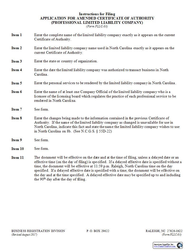 Application For Amended Certificate Of Authority Professional Limited Liability Company {PLLC-03} | Pdf Fpdf Docx | North Carolina
