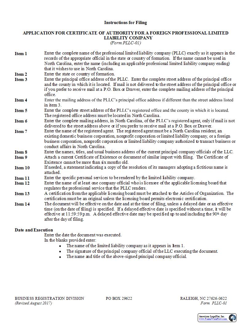 Application For Certificate Of Authority Foreign Professional Limited Liability Company {PLLC-01} | Pdf Fpdf Docx | North Carolina