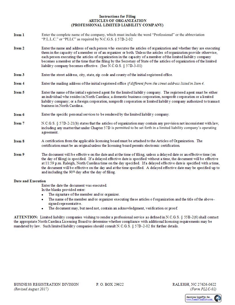 Articles Of Organization Professional Limited Liability Company {PLLC-02} | Pdf Fpdf Docx | North Carolina