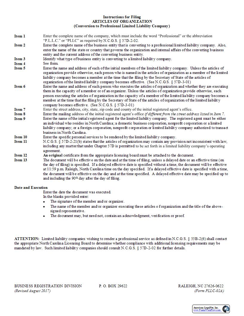 Articles Of Organization Professional Limited Liability Company Conversion Of Business Entity {PLLC-02a} | Pdf Fpdf Docx | North Carolina
