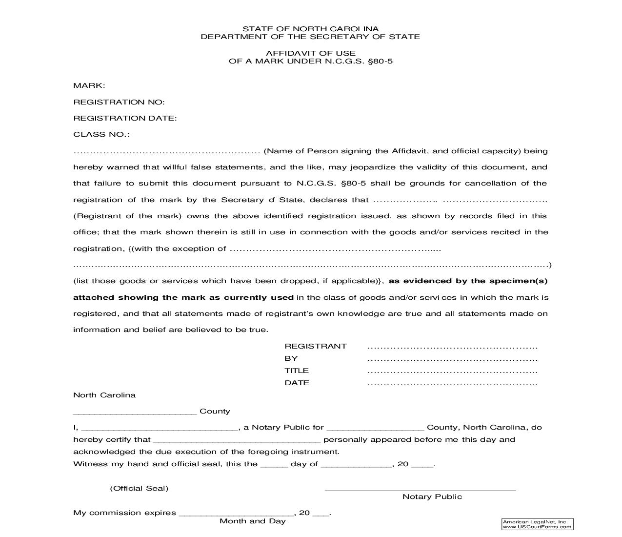 Affidavit Of Use Of A Mark | Pdf Fpdf Doc Docx | North Carolina