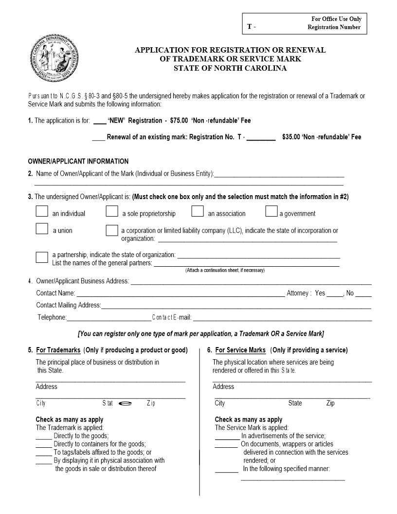 Application For Registration Or Renewal Of Trademark Service Mark | Pdf Fpdf Doc Docx | North Carolina