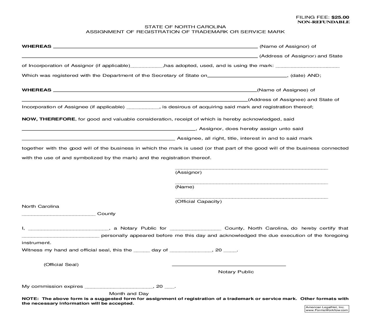 Assignment Of Registration Of Trademark Of Service Mark | Pdf Fpdf Doc Docx | North Carolina