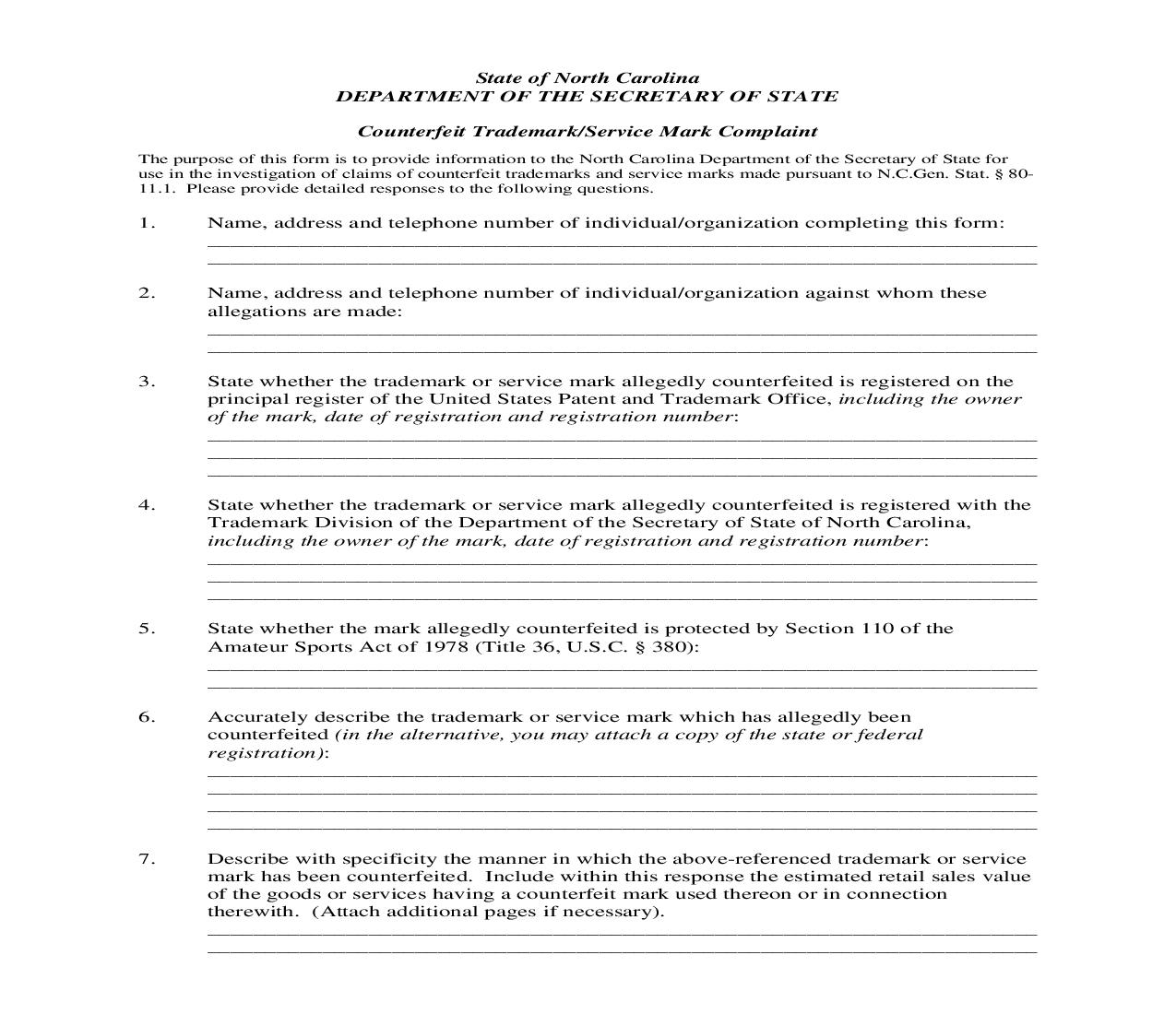 Counterfeit Trademark Service Mark Complaint | Pdf Fpdf Doc Docx | North Carolina