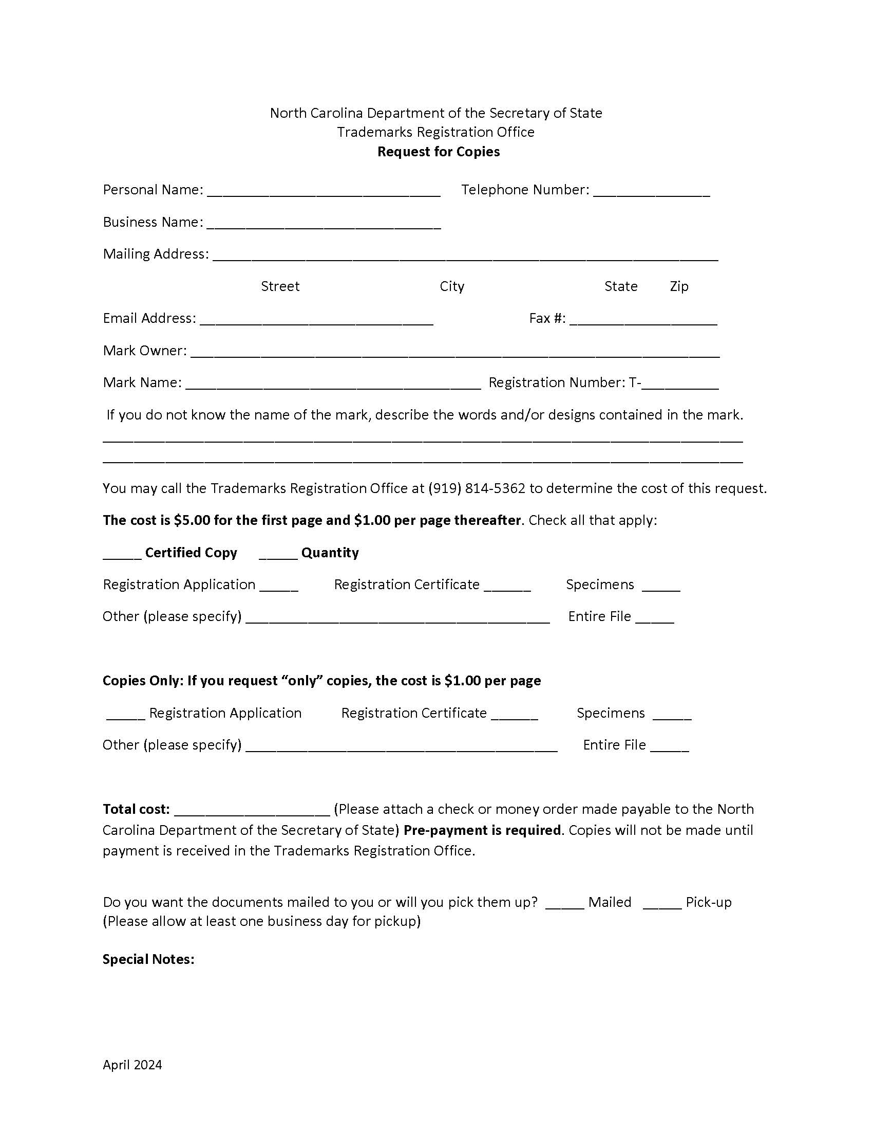 Request For Trademark Service Mark Copies | Pdf Fpdf Doc Docx | North Carolina