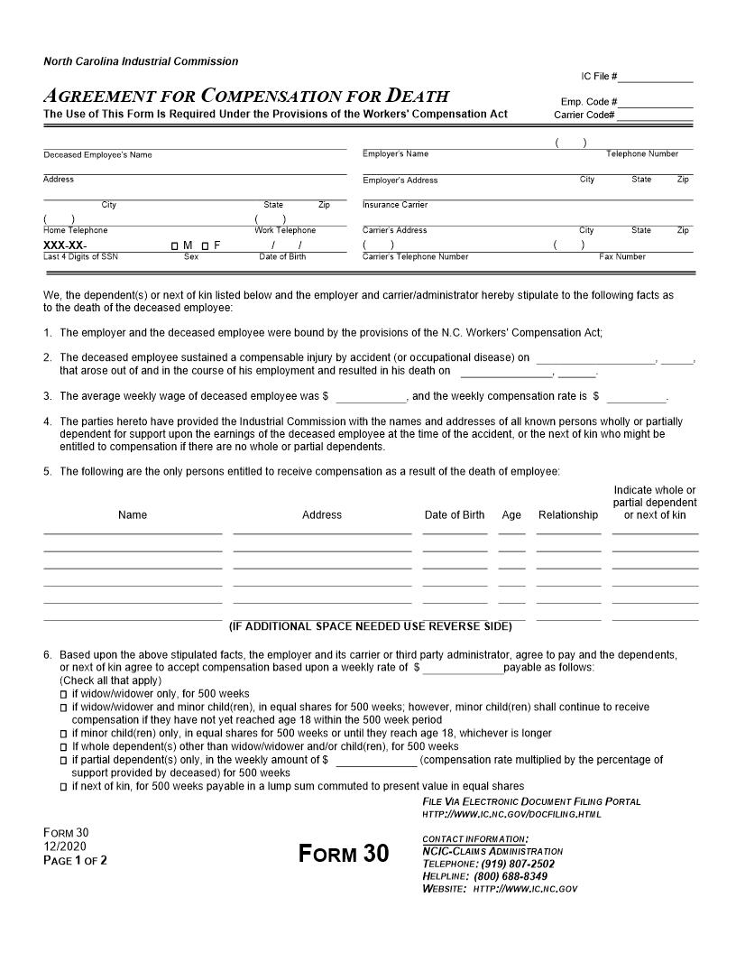 Agreement For Compensation For Death {30} | Pdf Fpdf Doc Docx | North Carolina