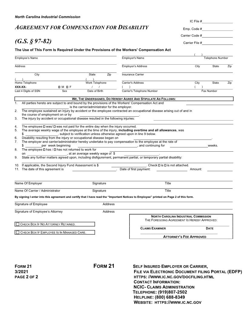 Agreement For Compensation For Disability {21} | Pdf Fpdf Docx | North Carolina