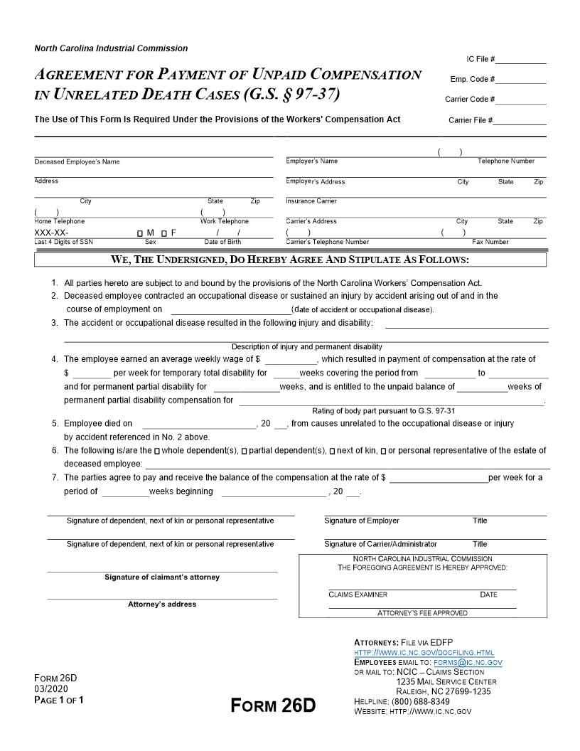 Agreement For Payment Of Unpaid Compensation In Unrelated Death Cases {26D} | Pdf Fpdf Docx | North Carolina